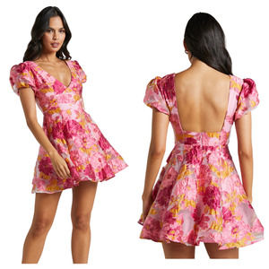 Showpo Dress Brailey Floral Jacquard Puff Sleeve Mini Flare Pink Yellow 8